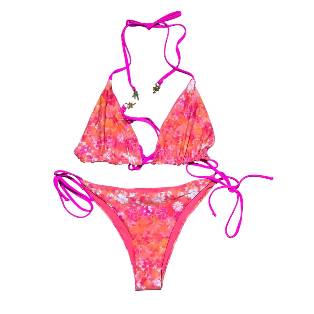 Blackbough Swim Pink Floral Triangle Bikini Set Palm Tree Charms XL Top L Bottom